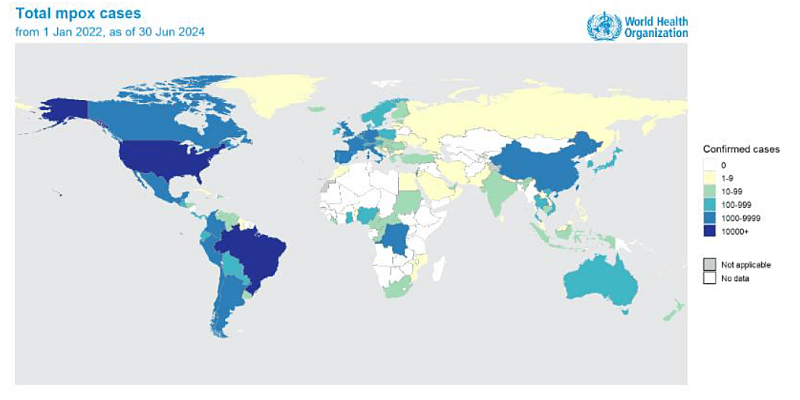 Map illustrating the Geographic distribution of confirmed cases of mpox reported to or identified by WHO from official public sources, from 1 January 2022 to 30 June 2024.