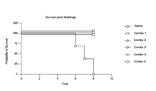 Survival curve of mice immunized with 5 mRNA vaccine encoding 5 combinations of antigen before challenge with vaccinia virus. Data from the BioNTech patent application.