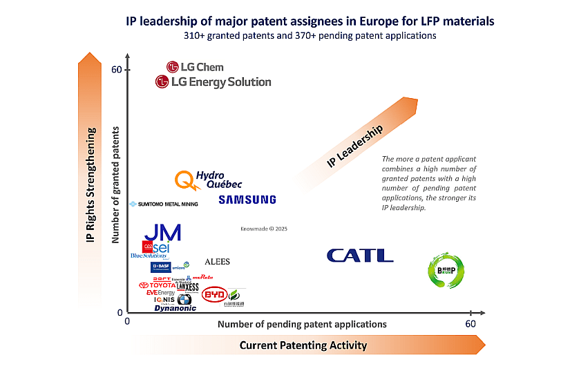 Graph showing the IP leadership of major patent assignees in Europe for LFP materials.