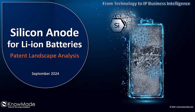 Cover image of Silicon anode for Li-ion batteries patent landscape 2024.